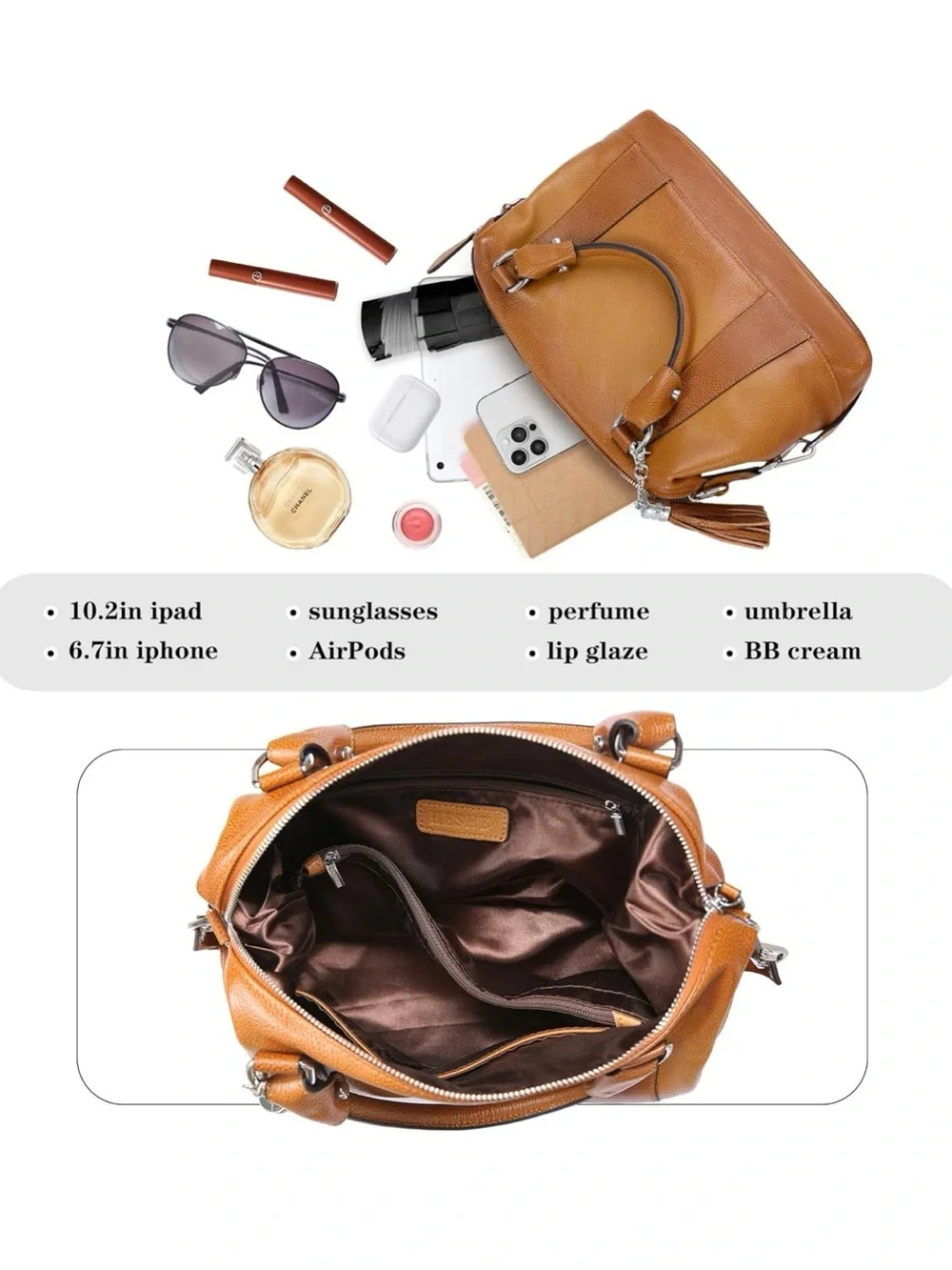 Women’s Genuine Leather Two Tone Satchel Tote Bag Cognac Brown Crossbody